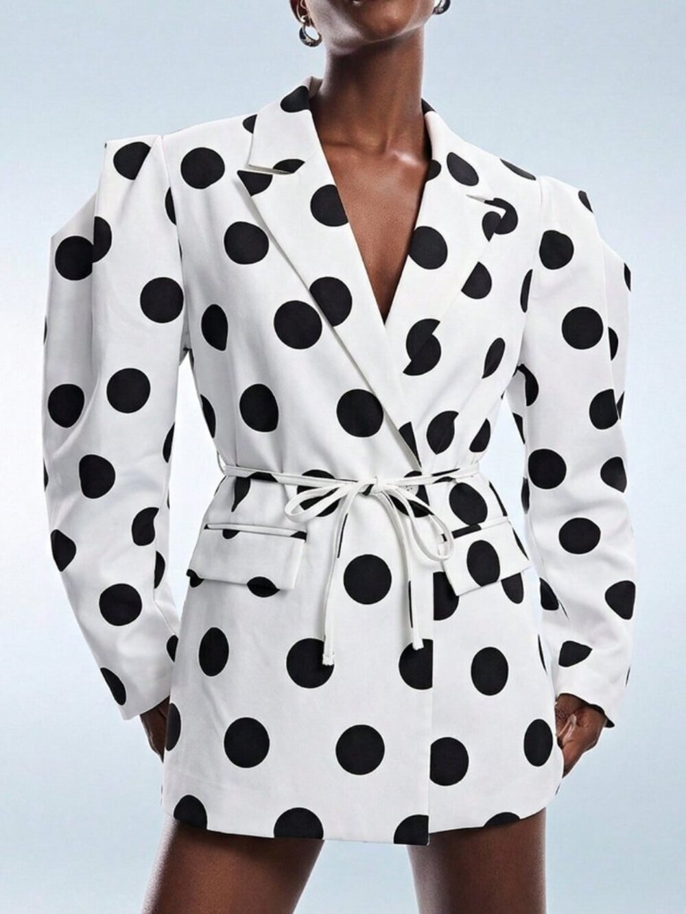 Black White Elegant Women's Polka Dot Oversized Structured Cinched Waist Blazer